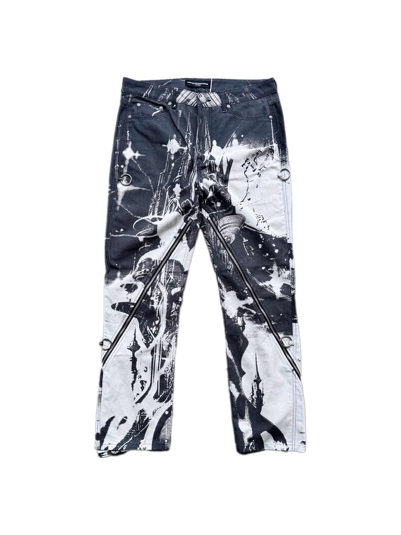 “Rave Planet” Zip Trousers in Black and White