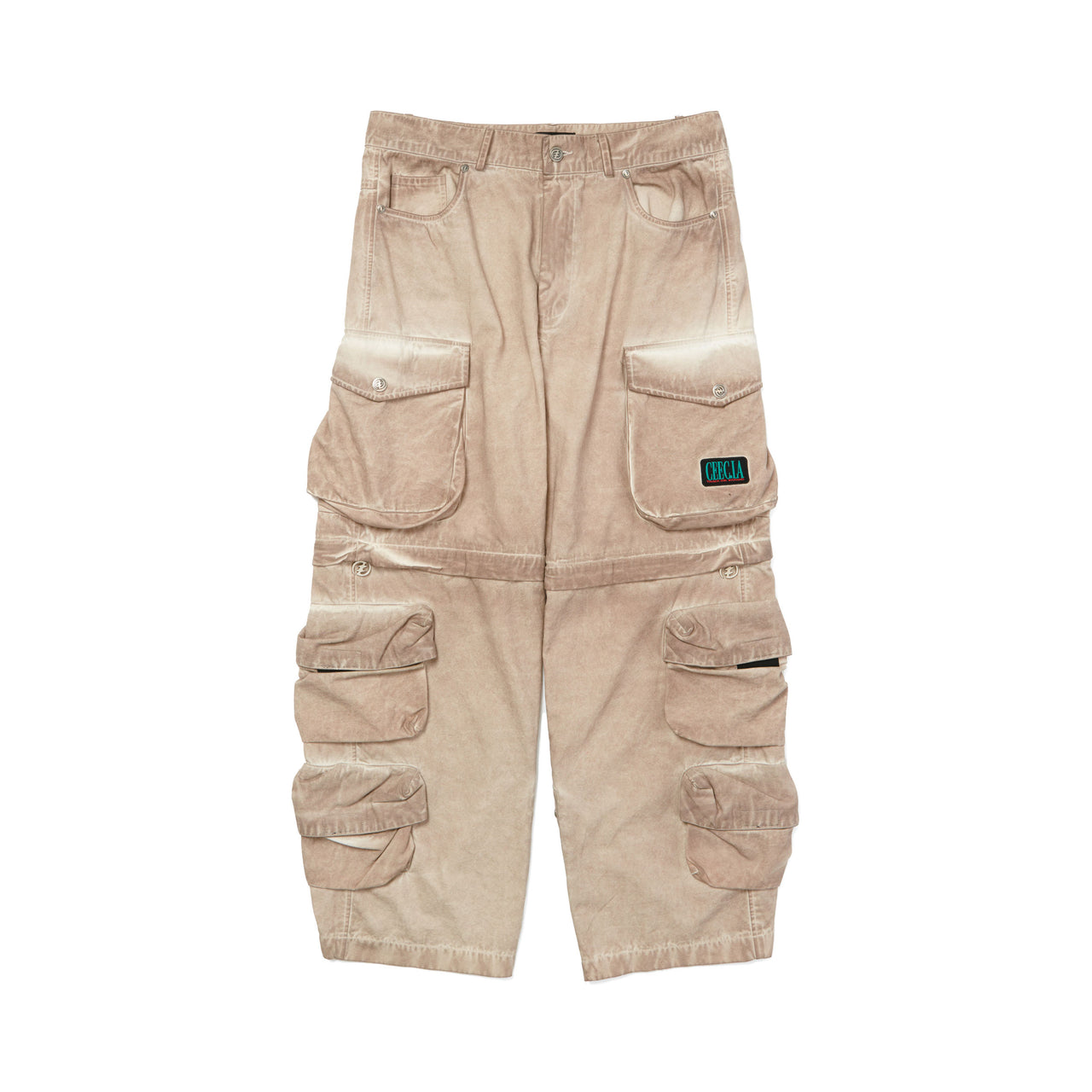 Spray-dyed Detachable Multi-pocket Canvas Pants in Beige