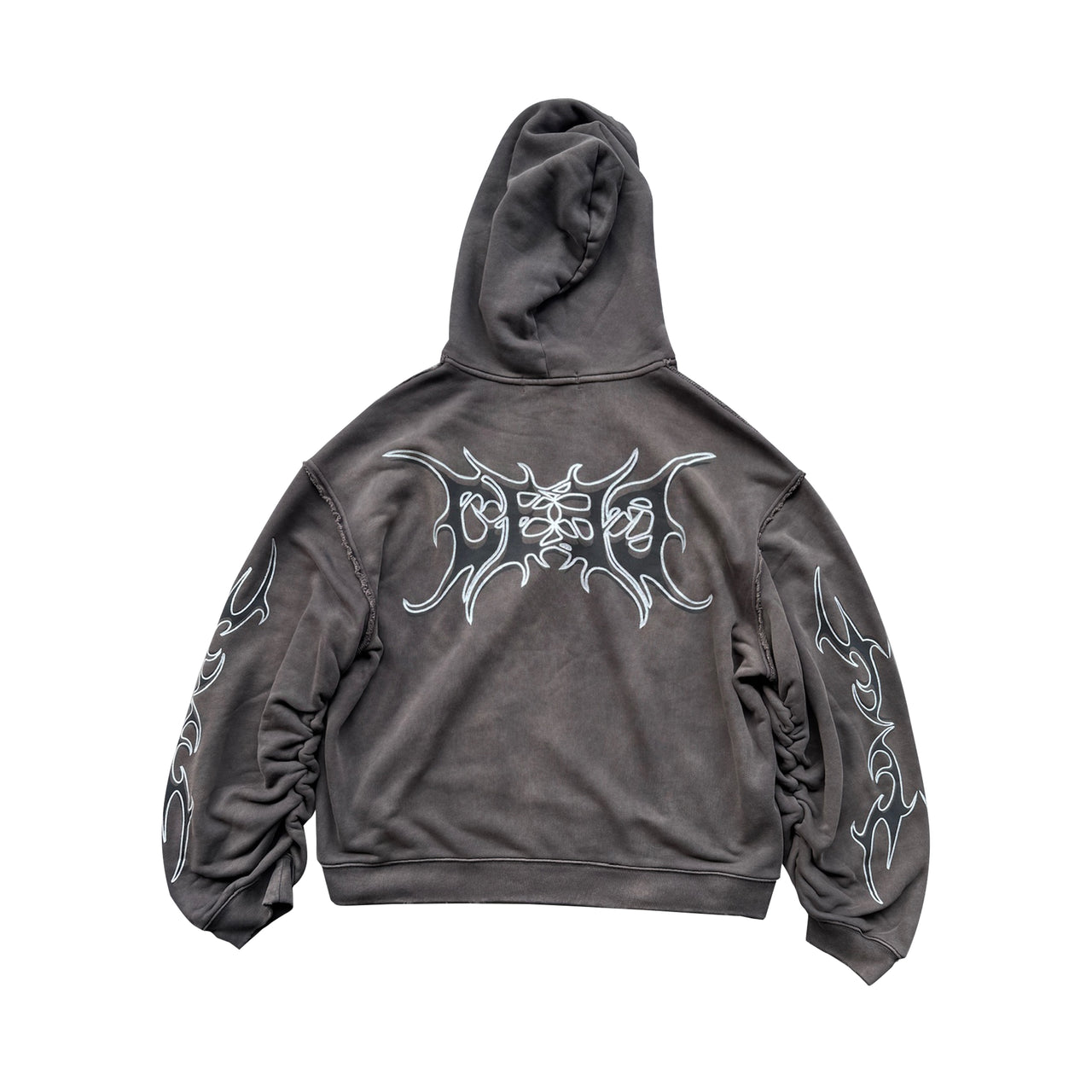 Glitter Layered Logo Print Distressed Hoodie in Dark Grey