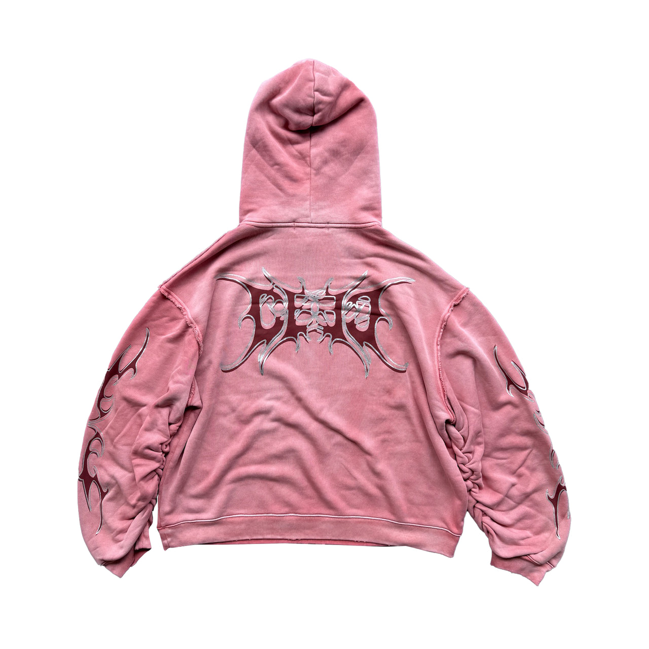 Glitter Layered Logo Print Distressed Hoodie in Dirty Pink