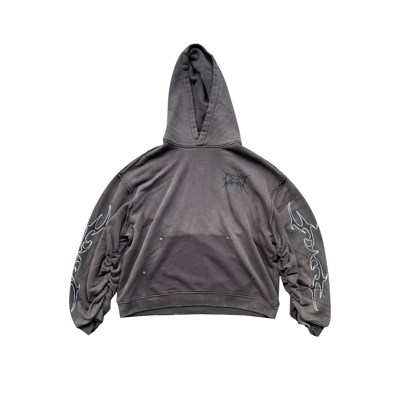 Glitter Layered Logo Print Distressed Hoodie in Dark Grey