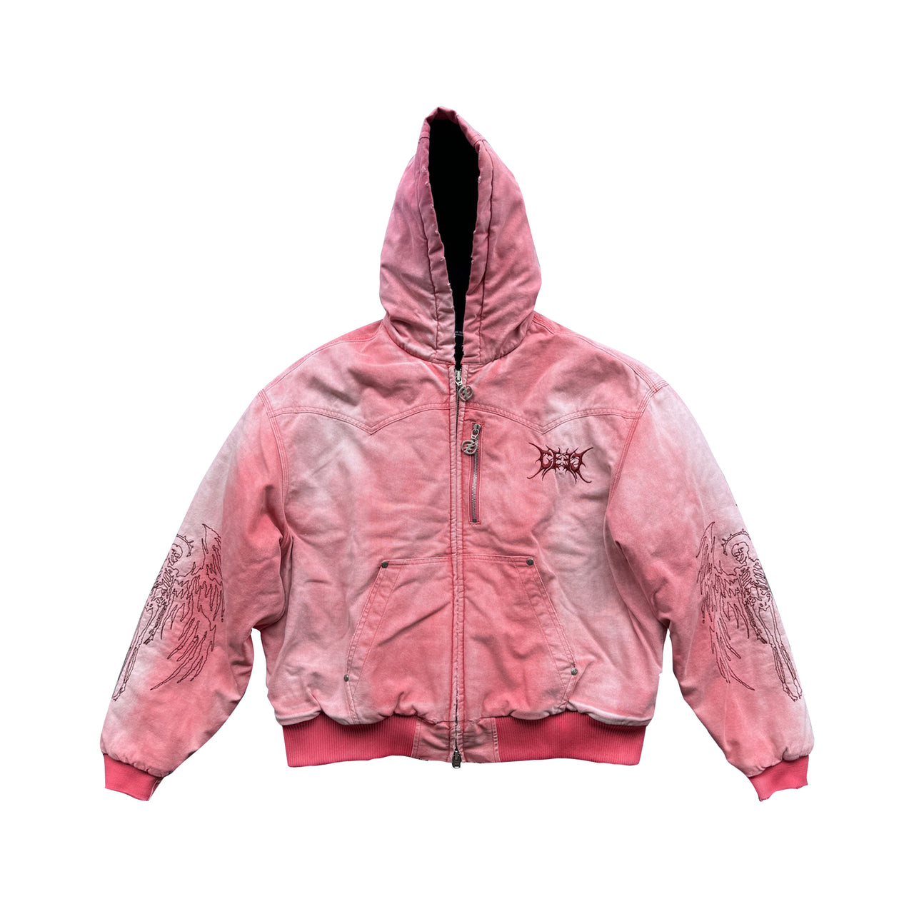 Skull Angel Quilted Cotton Hooded Zipped Jacket in Dirty Pink