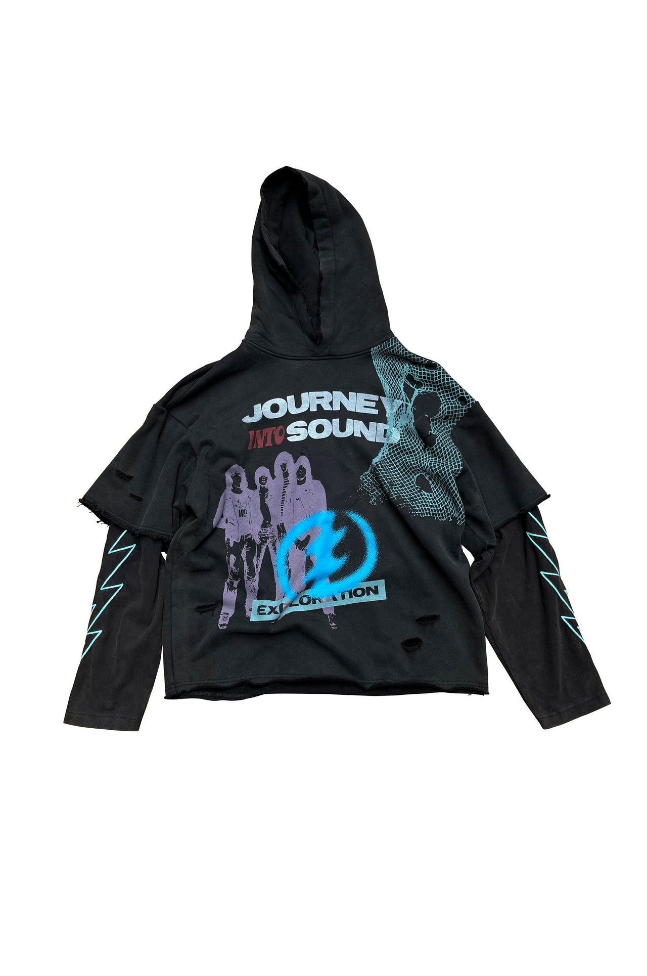 Graphic Embroidery Distressed Layered Hoodie