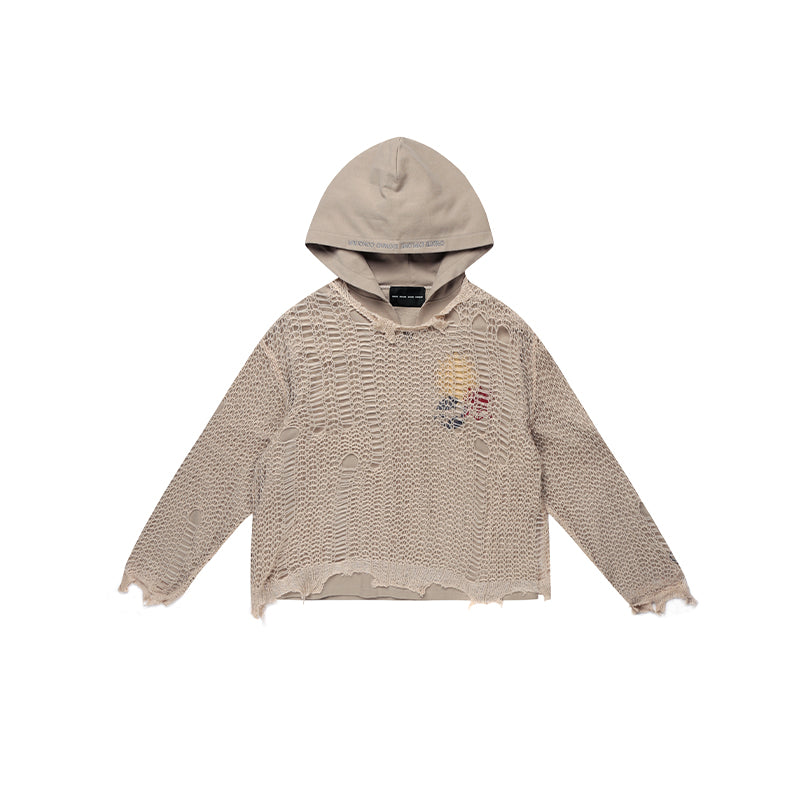 Ripped Knitted Sweater Hoodie in Khaki
